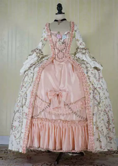 Cream Floral Rococo Marie Antoinette Dress with Pink Accents - 18th Century Ball Gown - Plus Size